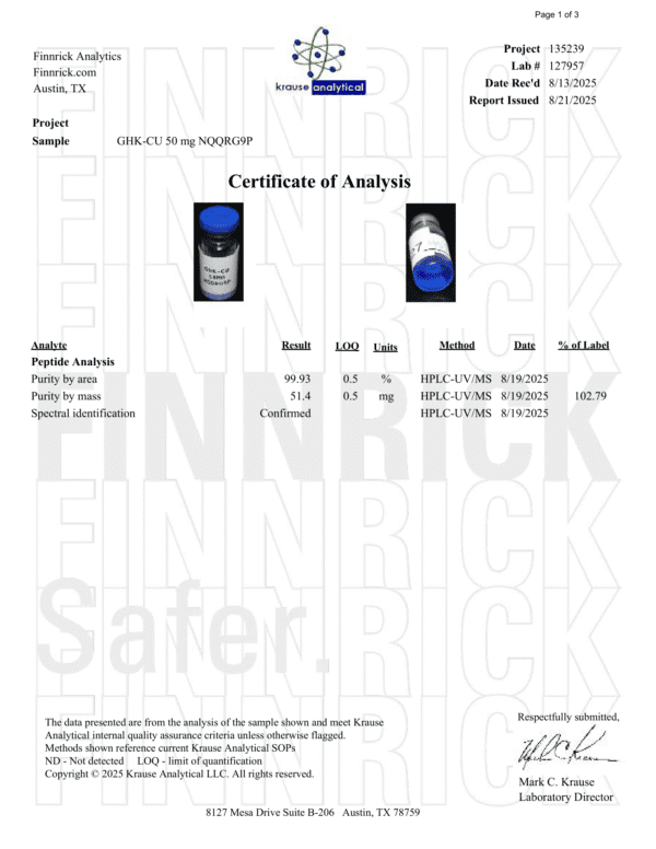 GHK-CU peptide HPLC purity report