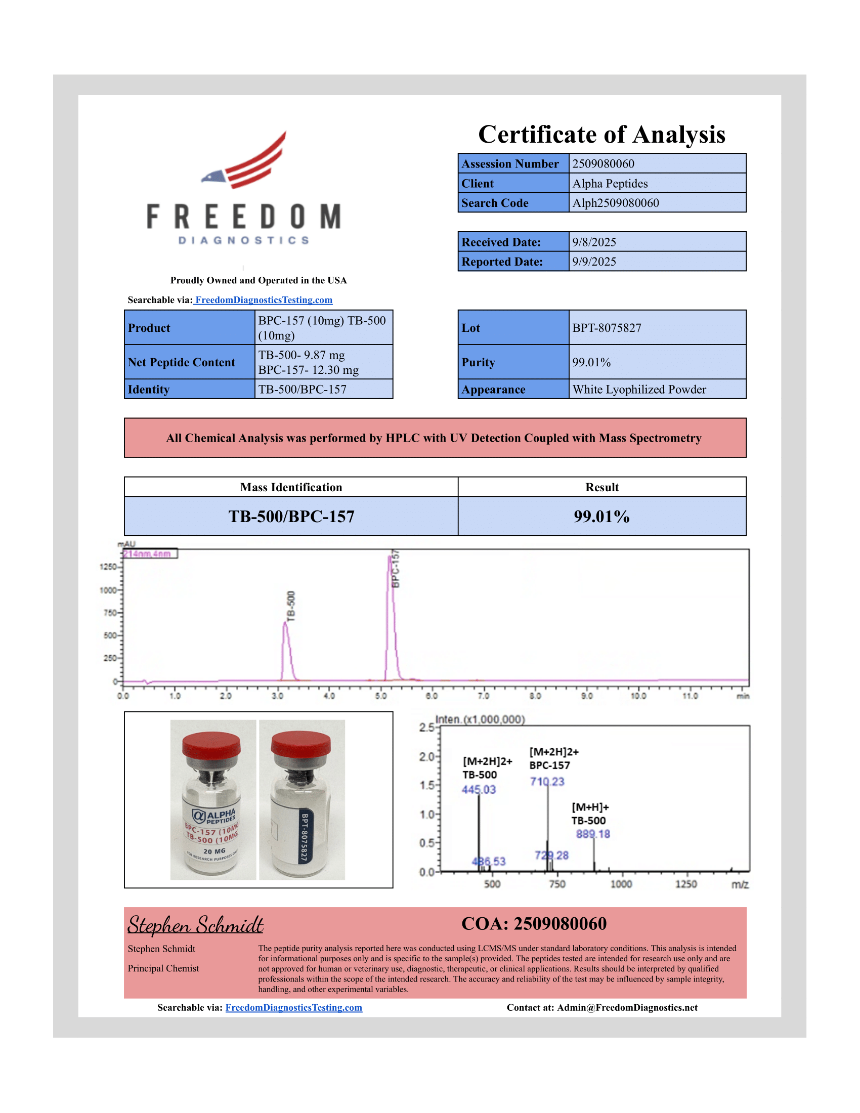 BPC-157 (10mg) + TB-500 (10mg) COA Freedom Diagnostics BPC-157 (10mg) + TB-500 (10mg) COA Freedom Diagnostics