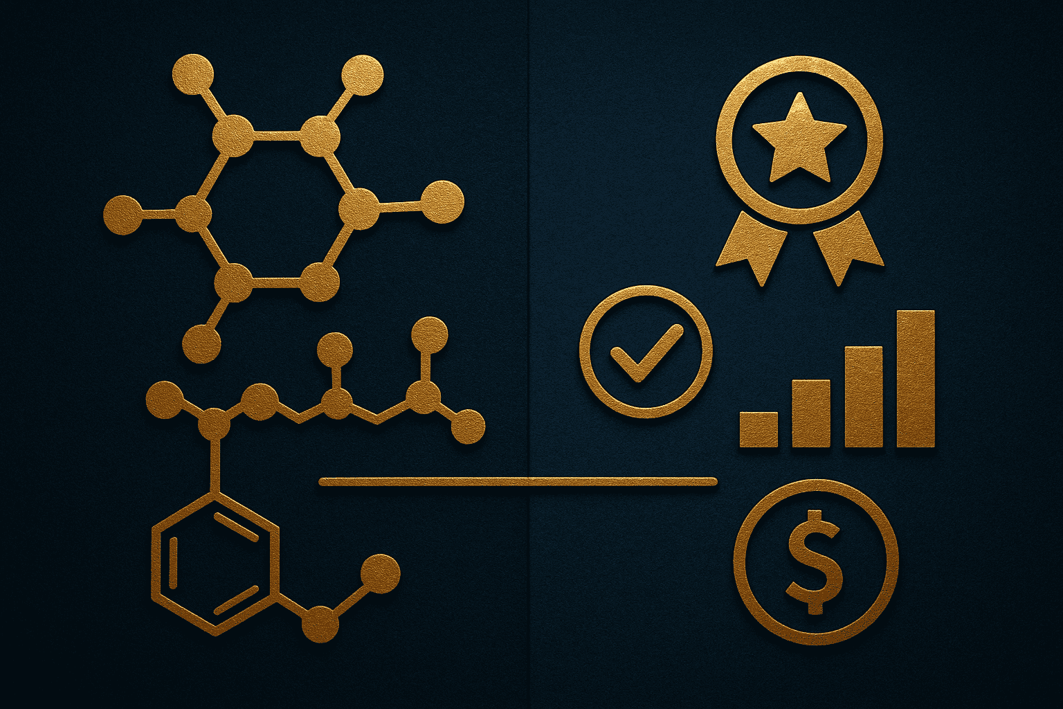 Peptide molecular structures with quality and certification icons for research.