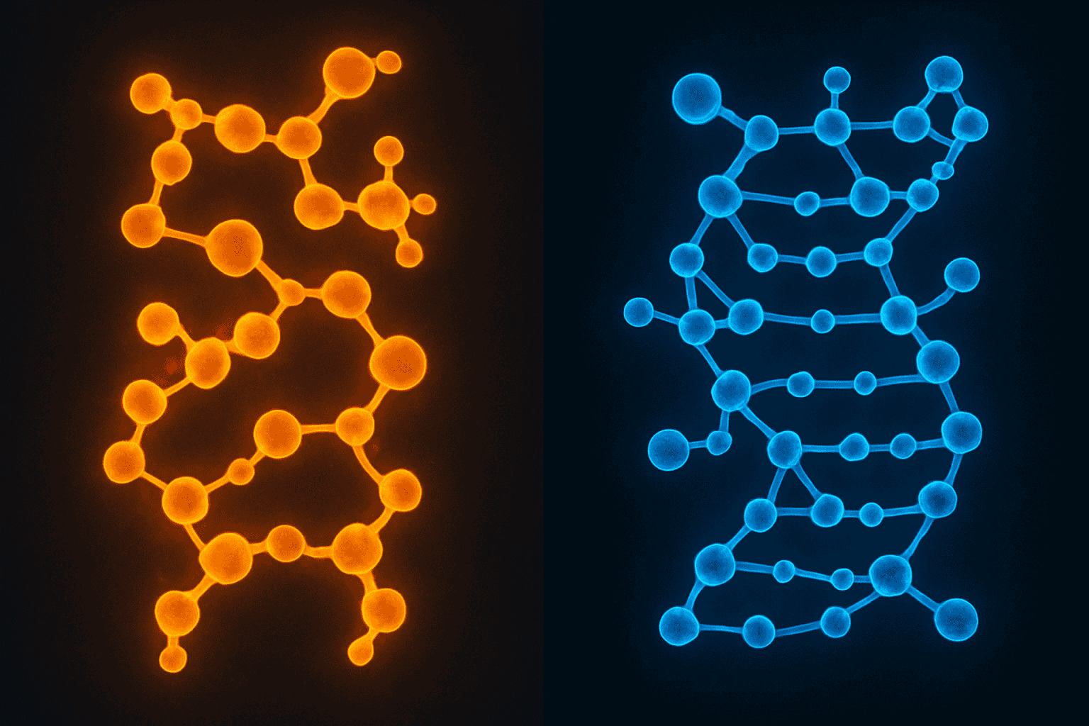 Fluorescent DNA double helix in orange and blue neon colors.
