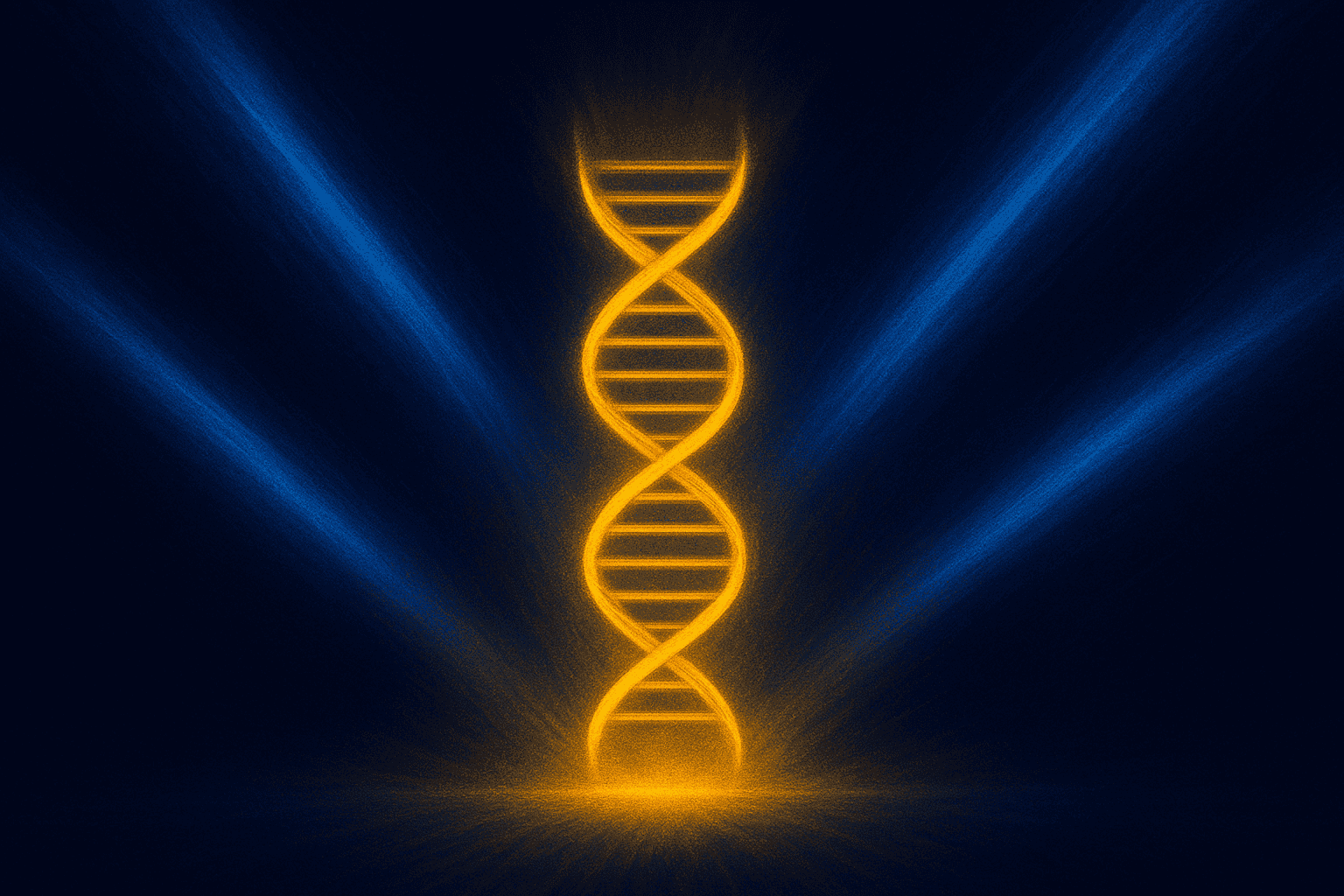 Glowing DNA double helix with blue light rays, scientific and biotech focus.