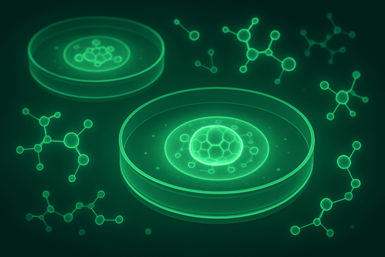 Fluorescent green image of cultured cells with molecular structures, highlighting peptide research.