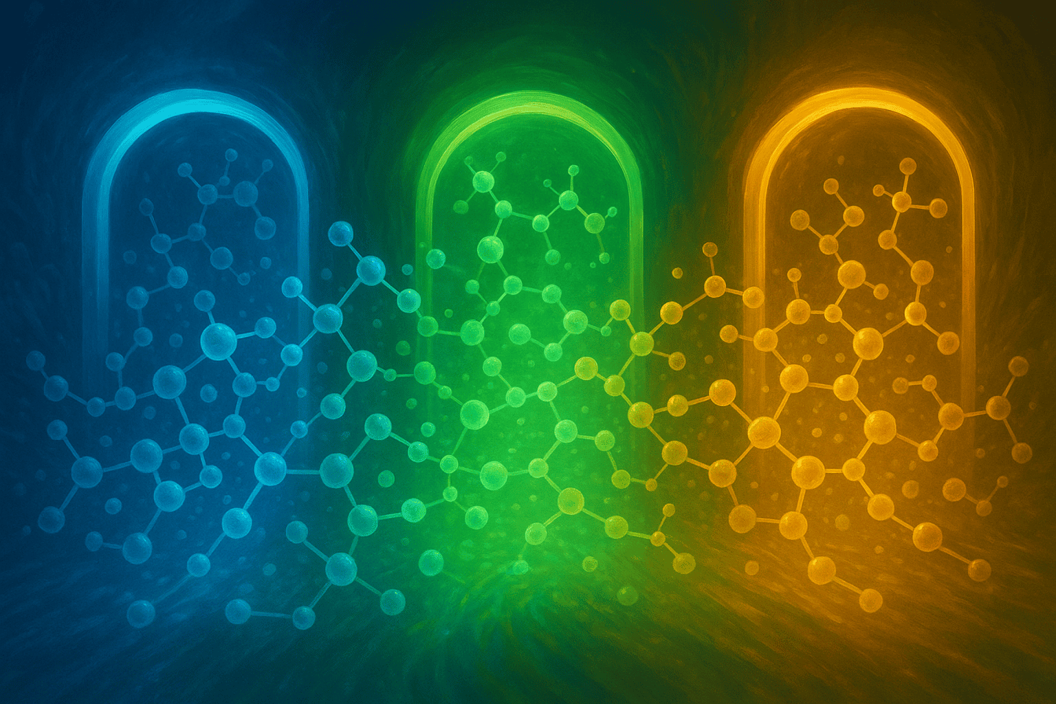 Colorful molecular structures representing peptides in blue, green, and yellow.